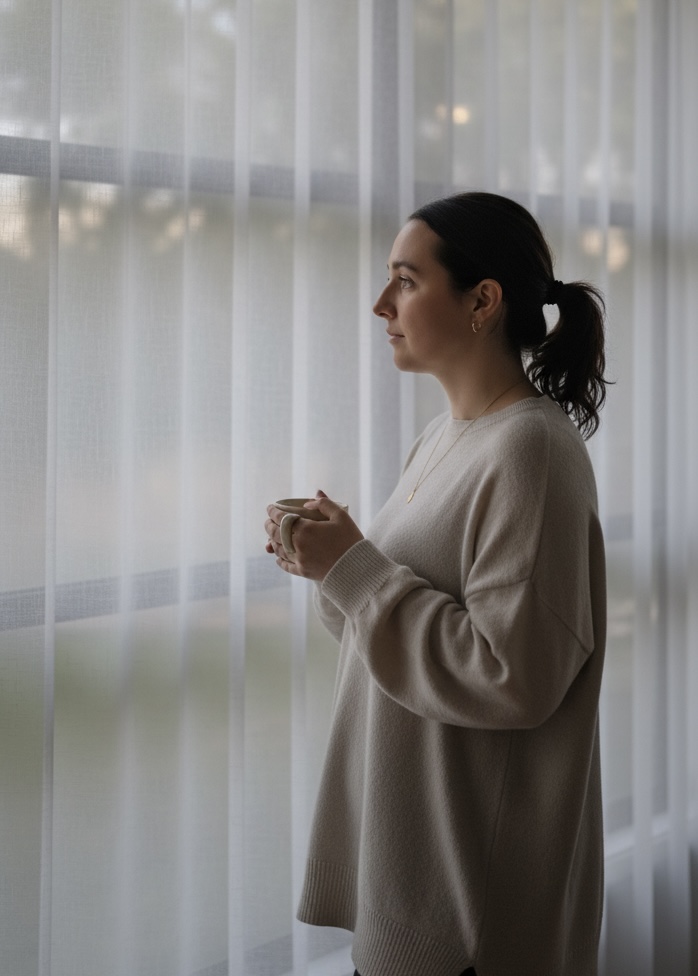 Courtney in contemplative moment looking out window with coffee